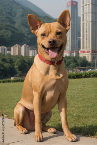 Brown red slender short-haired thai ridgeback Thailand dog breed sitting on grey floor looking forward on sunny day on asian skycrapers urban city green lawn park background.