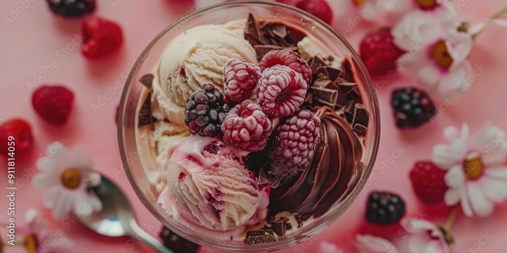 Top view flat lay of a sundae with berry vanilla and chocolate ice cream Top view flat lay of a sundae with berry vanilla and chocolate ice cream
