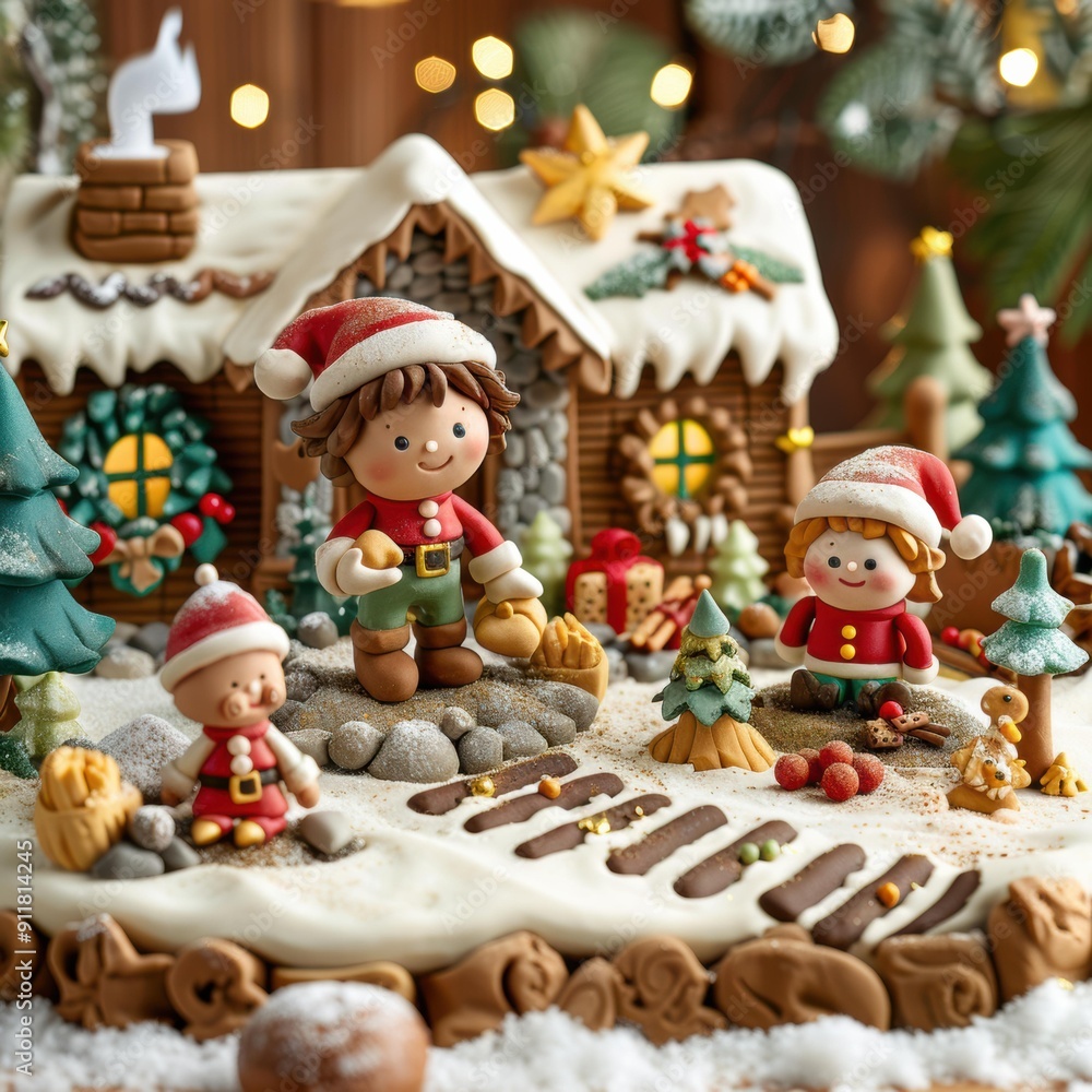 A gingerbread village with snow, trees, and miniature people. AI. A gingerbread village with snow, trees, and miniature people. AI.