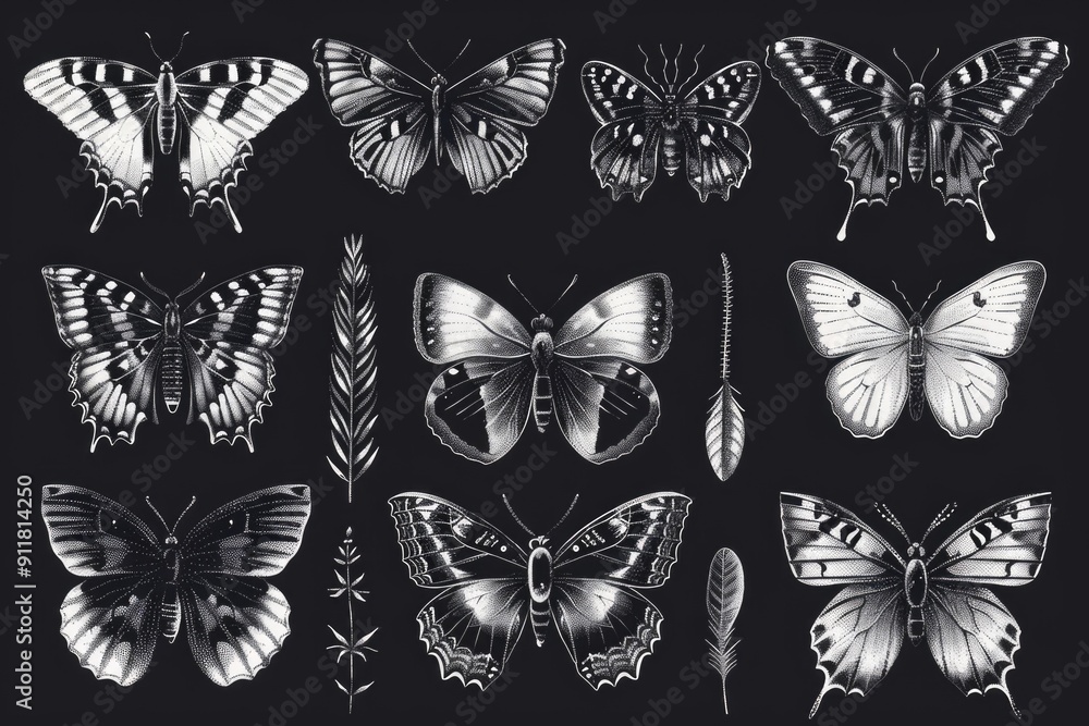 A group of colorful butterflies sit on a dark surface, creating a striking contrast A group of colorful butterflies sit on a dark surface, creating a striking contrast