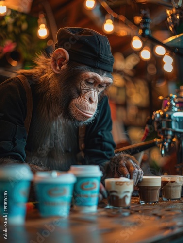 A chimpanzee wearing a cap carefully examines a line of drinks. AI.