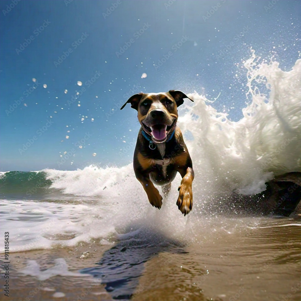 A low-angle shot of a dog running along the shoreline, splashing water around, with waves crashing in the background, under a clear blue sky, A low-angle shot of a dog running along the shoreline, splashing water around, with waves crashing in the background, under a clear blue sky,