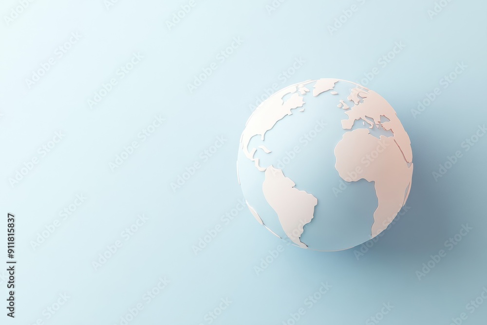 3D planet globe with smooth, pastel gradients and drop shadows, showing a diverse mix of countries, on a solid light blue background 3D planet globe with smooth, pastel gradients and drop shadows, showing a diverse mix of countries, on a solid light blue background
