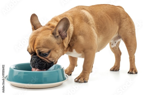 Brown french bulldog puppy dog greedily eating food from a bowl, isolated on a white background, suitable for advertising dogs food business.