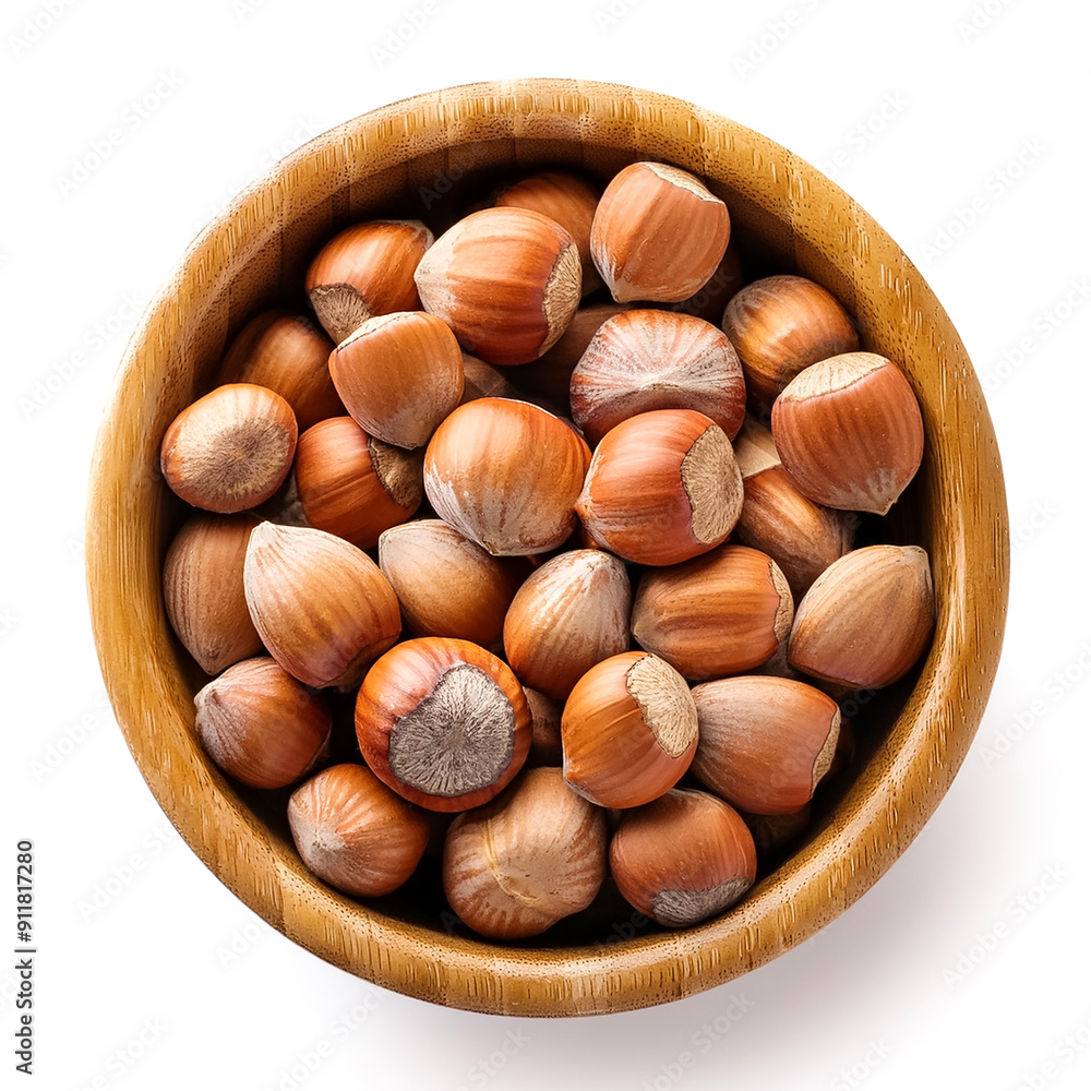 Hazelnut in wooden bowl isolated on white background Hazelnut in wooden bowl isolated on white background