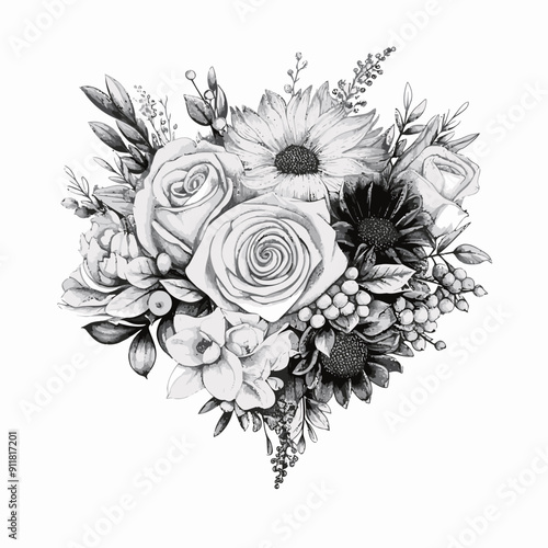 Vector black and white line art floral bouquet 