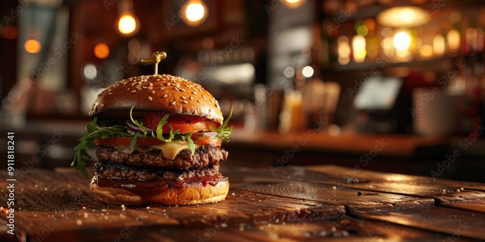 Beef burger served on a rustic wooden table in a pub setting Beef burger served on a rustic wooden table in a pub setting