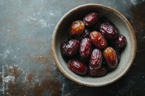 Kholas Dates in a bowl, Top View photo