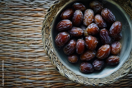 Kholas Dates in a bowl, Top View photo