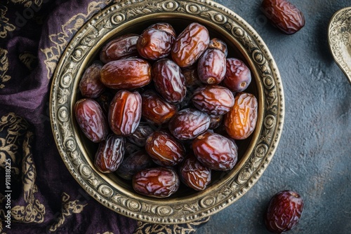 Kholas Dates in a bowl, Top View photo