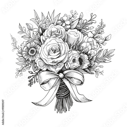 Vector black and white line art floral bouquet 