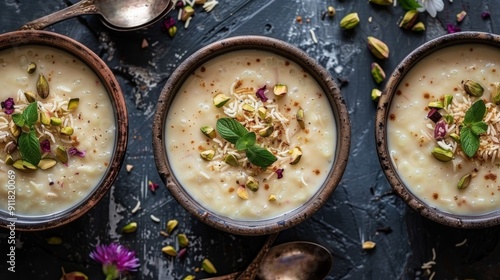 indian desserts, delicious indian seviyan kheer, topped with cardamom and pistachios, is a traditional sweet enjoyed during special celebrations photo