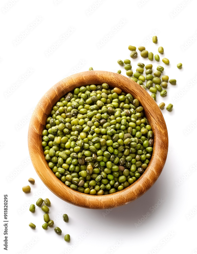 mung beans in wooden bowl isolated on white background mung beans in wooden bowl isolated on white background