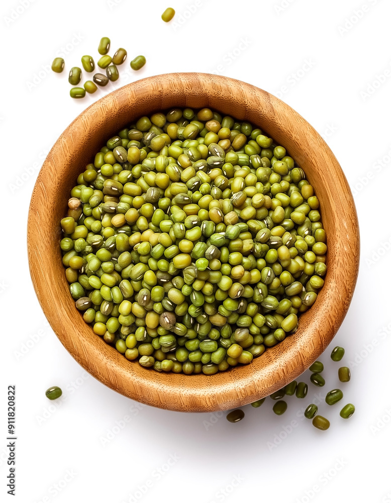 mung beans in wooden bowl isolated on white background mung beans in wooden bowl isolated on white background