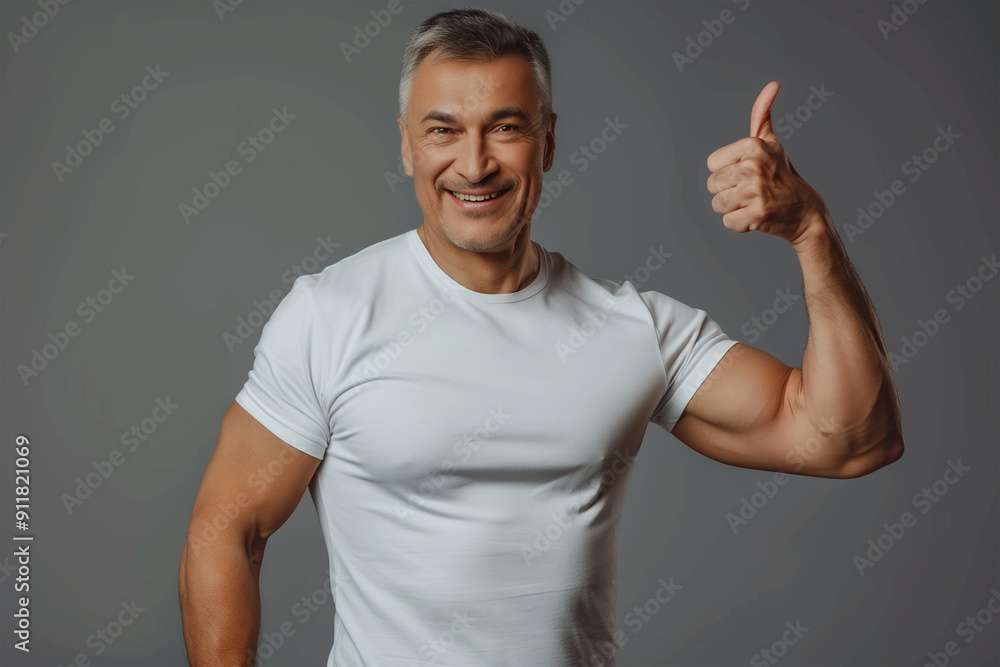 An elderly man wearing a white T-shirt with thumbs up on a gray background. An elderly man wearing a white T-shirt with thumbs up on a gray background.