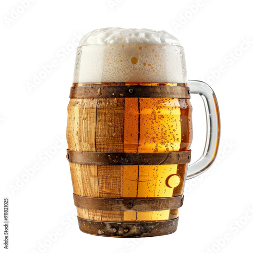 A frothy beer served in a wooden mug with a transparent handle, showcasing rich golden hues and bubbles. Perfect for Oktoberfest themes.