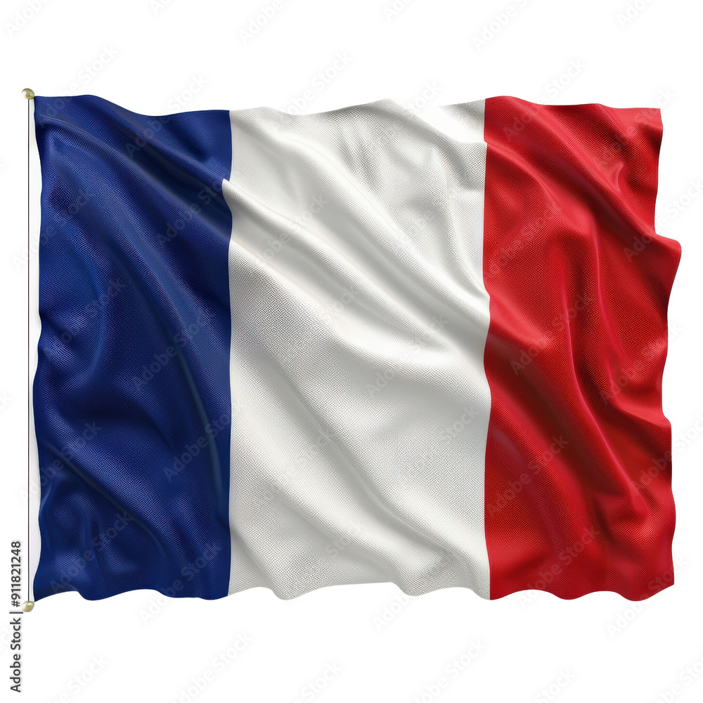 A waving French flag featuring blue, white, and red vertical stripes representing the national symbol of France. A waving French flag featuring blue, white, and red vertical stripes representing the national symbol of France.