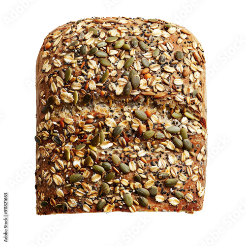 Close-up of a slice of multigrain bread with various seeds, showcasing its texture and wholesomeness on a white background. photo