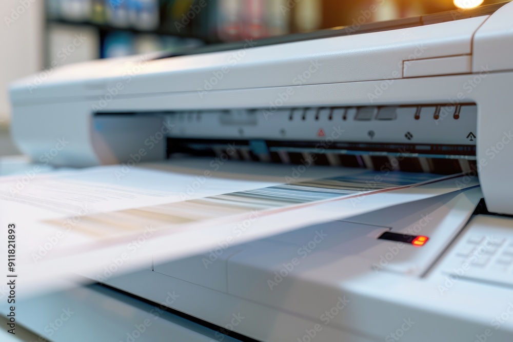 A close-up view of a printer sitting on a desk, ideal for use in articles about office equipment or technology A close-up view of a printer sitting on a desk, ideal for use in articles about office equipment or technology