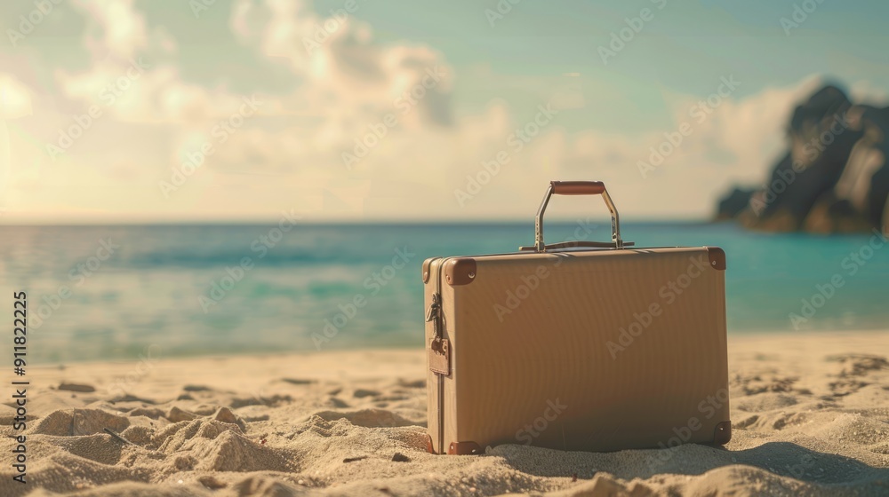 Modern beige suitcase in the sand, in front of a beach generative ai Modern beige suitcase in the sand, in front of a beach generative ai