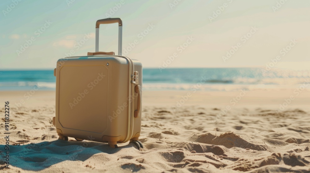 Modern beige suitcase in the sand, in front of a beach generative ai Modern beige suitcase in the sand, in front of a beach generative ai