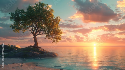 Tree on the Beach: Sunset on the Beach 8K Realistic photo