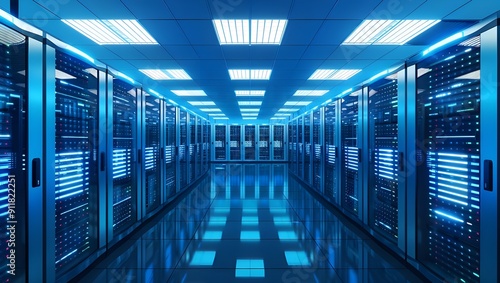 High-tech data center with rows of glowing blue and white server cabinets, showcasing the advanced technology behind cloud computing services. The room is clean and well-lit by bright LED lights.