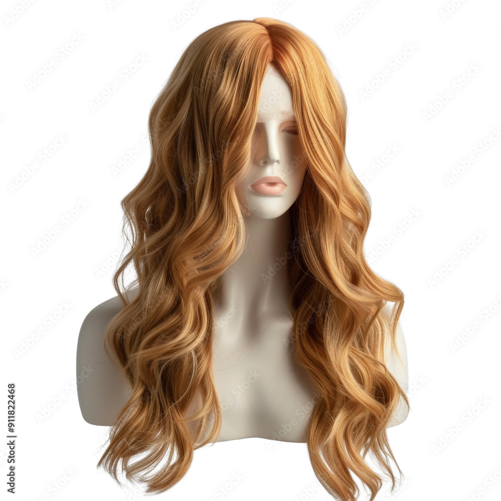 Long wavy auburn wig on a mannequin head, showcasing elegant and natural-looking hair texture, ideal for hairstyling showcases. Long wavy auburn wig on a mannequin head, showcasing elegant and natural-looking hair texture, ideal for hairstyling showcases.