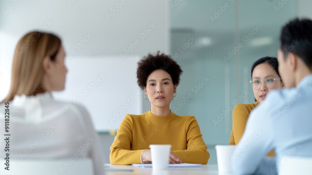A diverse team of professionals in a business meeting, with a focused woman in a yellow sweater leading the discussion, surrounded by her attentive colleagues. A diverse team of professionals in a business meeting, with a focused woman in a yellow sweater leading the discussion, surrounded by her attentive colleagues.