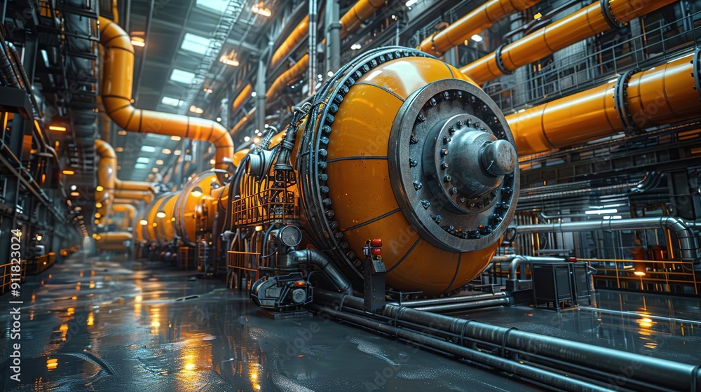 Industrial Facility Interior with Large Yellow Tank 3D Illustration Industrial Facility Interior with Large Yellow Tank 3D Illustration