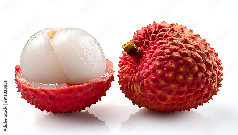 A Whole and a Half Lychee isolated on a White Background.