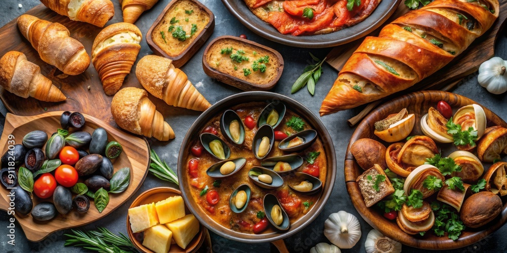 Fototapeta premium Traditional French food spread with mussel and meat dishes, ratatouille, snails, croissants, desserts, fresh pastries