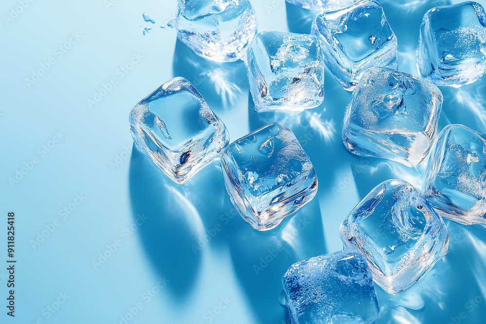Clear ice cubes scattered against a light blue background, top view Clear ice cubes scattered against a light blue background, top view