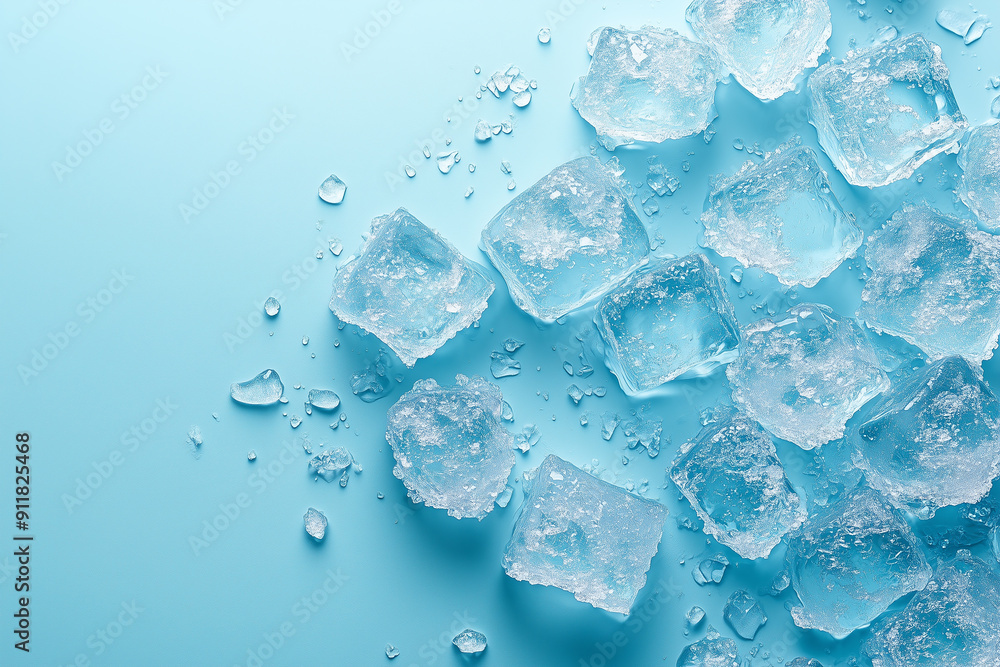 Clear ice cubes scattered against a light blue background, top view Clear ice cubes scattered against a light blue background, top view