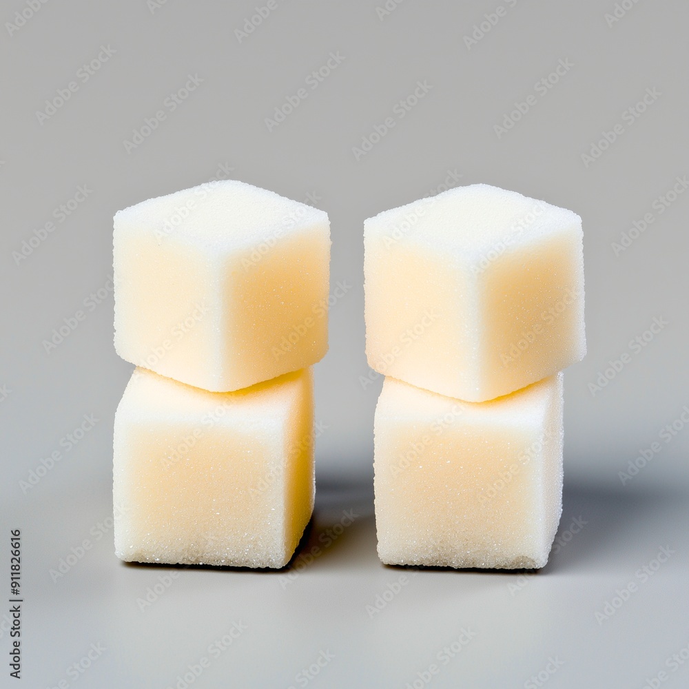 Two stacks of sugar cubes, each containing two cubes, are neatly arranged on a smooth, gradient gray background. The cubes' texture and symmetry are highlighted Two stacks of sugar cubes, each containing two cubes, are neatly arranged on a smooth, gradient gray background. The cubes' texture and symmetry are highlighted