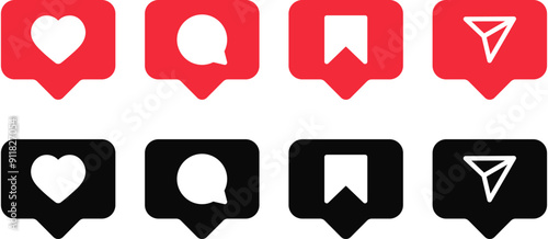 Like, comment, share icon speech bubble symbol and love heart flat icon buttons , Social media notification icons. emoji post reactions - Add to favorite icon set. Vector illustration