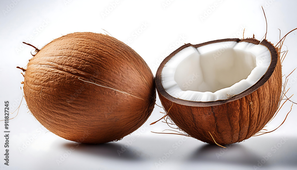 A Whole and a Half Coconut on a White Background. A Whole and a Half Coconut on a White Background.