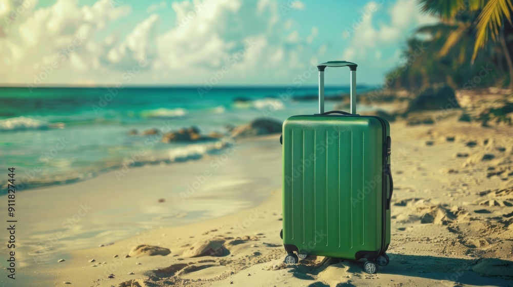 Modern green suitcase in the sand, in front of a beach generative ai Modern green suitcase in the sand, in front of a beach generative ai