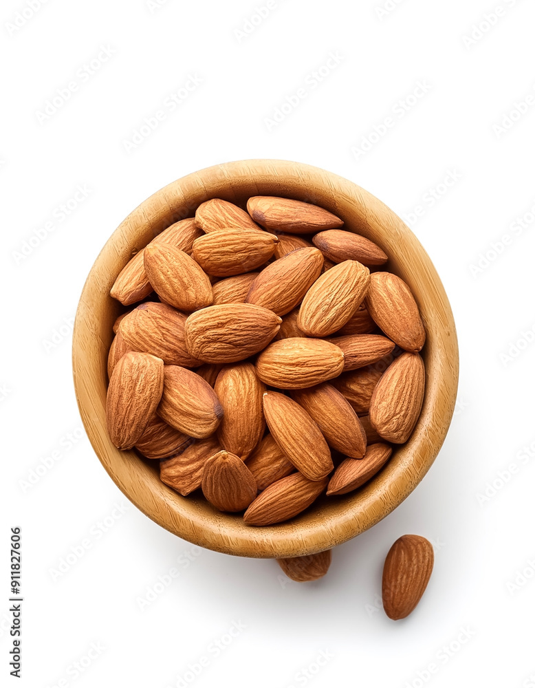 Almonds in wooden bowl isolated on white background Almonds in wooden bowl isolated on white background