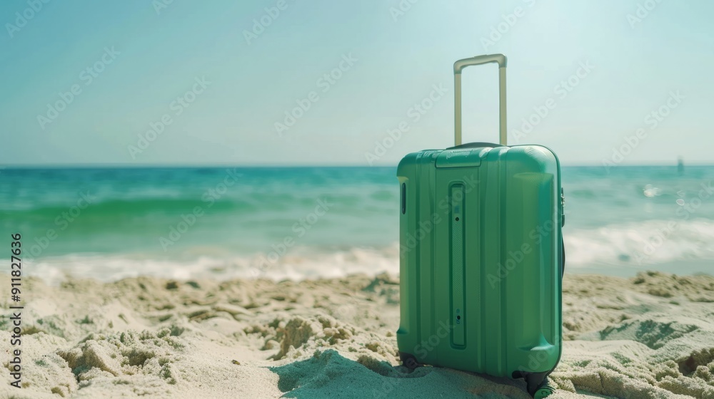 Modern green suitcase in the sand, in front of a beach generative ai Modern green suitcase in the sand, in front of a beach generative ai