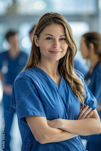 A nurse, a doctor in a blue gown crossing her arms and smiling in a hospital corridor, a medical student doing her residency in a hospital. Free Download A nurse, a doctor in a blue gown crossing her arms and smiling in a hospital corridor, a medical student doing her residency in a hospital. - GFXLoad