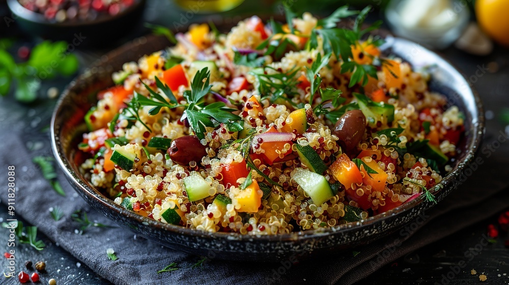 This refreshing scene captures the essence of health with fluffy quinoa grains mixed with a variety of fresh vegetables, aromatic herbs, and a zesty lemon vinaigrette This refreshing scene captures the essence of health with fluffy quinoa grains mixed with a variety of fresh vegetables, aromatic herbs, and a zesty lemon vinaigrette