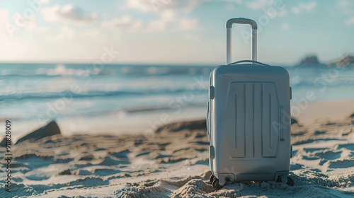 Modern grey suitcase in the sand, in front of a beach, generative ai