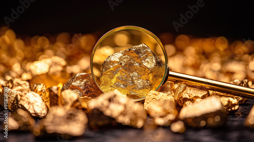 Gold nuggets under a magnifying glass. Alluvial gold mining and gold testing illustration