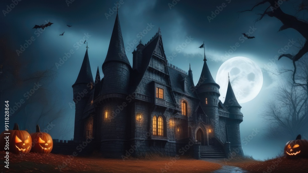 dark gloomy high castle with cobwebs, pumpkins , Halloween holiday concept dark gloomy high castle with cobwebs, pumpkins , Halloween holiday concept