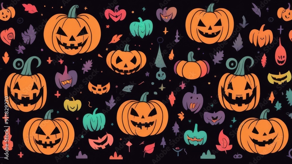 pattern of pumpkins and bats on dark background, halloween celebration concept pattern of pumpkins and bats on dark background, halloween celebration concept