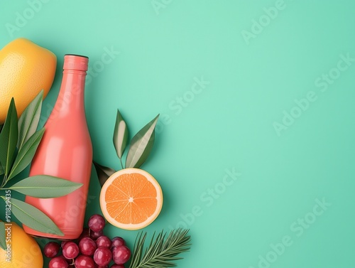 Vibrant display of fruits and a bottle on a teal background, showcasing fresh produce and modern design elements. photo