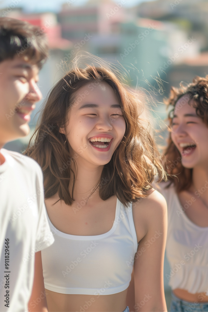portrait of an asian group wearing white t-shirts walking through the city, back to school, school excursion portrait of an asian group wearing white t-shirts walking through the city, back to school, school excursion