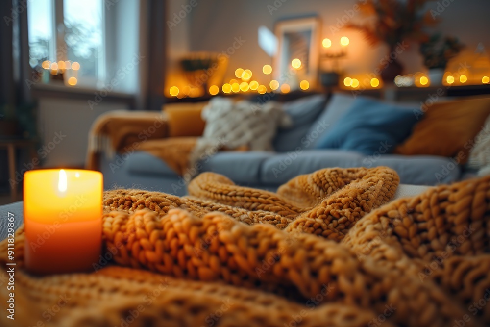 Cozy living room with lit candle and soft throw Cozy living room with lit candle and soft throw