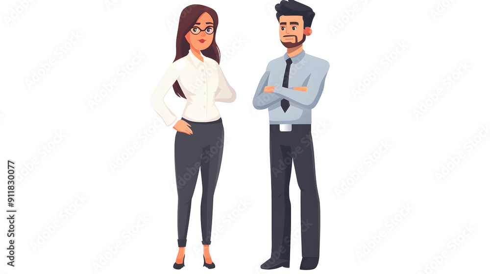 regretfull good looking female employee standing nect to cocky boss smiling regretfull good looking female employee standing nect to cocky boss smiling